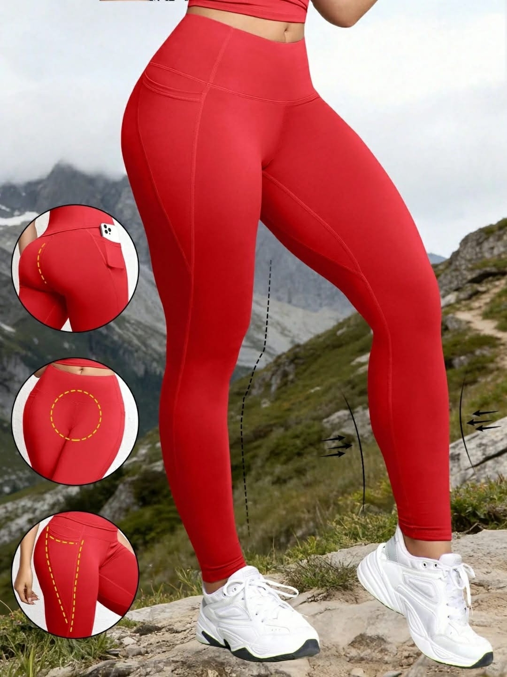High-Rise Sculpting Red Leggings with Side Pocket
